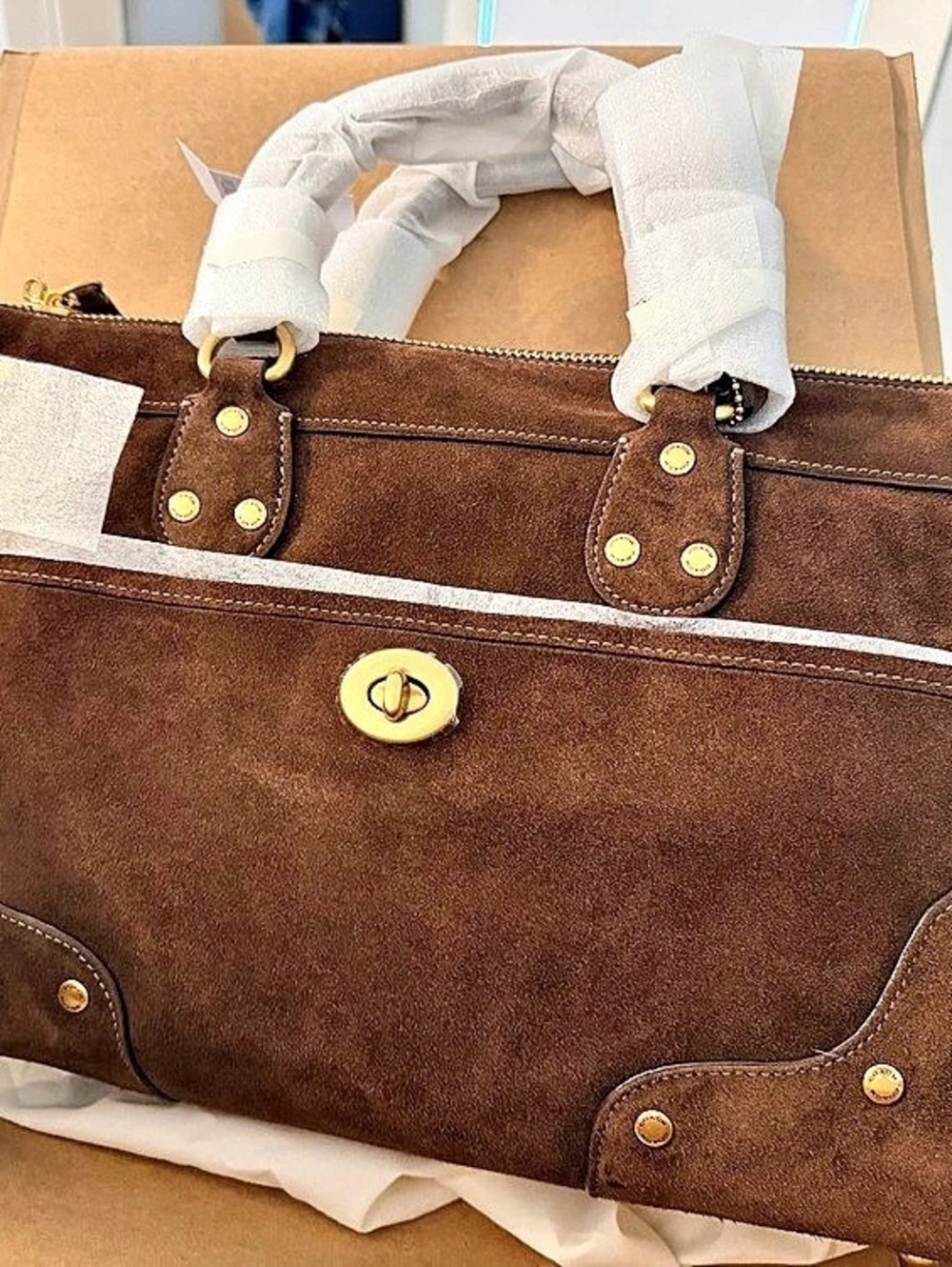 Coach Rhyder Satchel 38 Suede Satchel in Brown